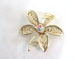 Vintage Goldtone Brooch/Pin Leaf Shaped Lapel/Scarf Pin Secure Clasp AB Crystal