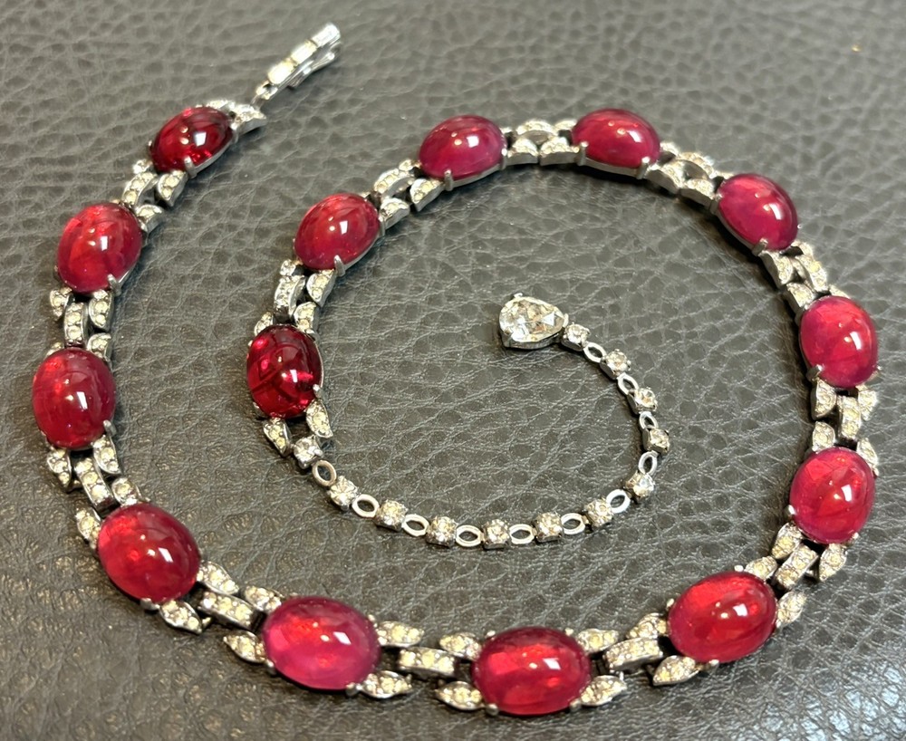 RARE ART DECO JOMAZ Or MAZER Faux Ruby Cabochon Rhinestone SILVER TONE Necklace