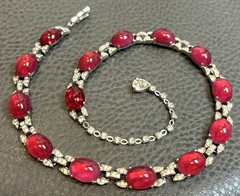RARE ART DECO JOMAZ Or MAZER Faux Ruby Cabochon Rhinestone SILVER TONE Necklace