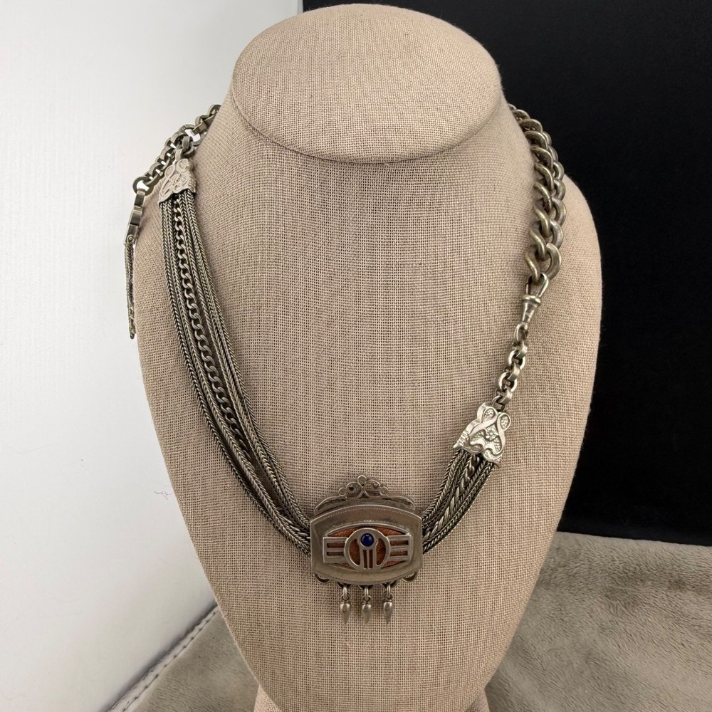 Antique Victorian Enamel Shield Pendant Double Albert Watch Chain Neck1ace 19”