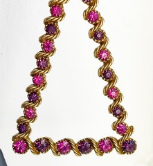 Vintage ART Clip-on Dangle Triangle Earrings, Pink & Purple Stones, 3.5-inches