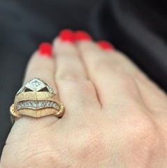 Vintage 1940s Retro Diamond Dome Heavy Ring 14k Two-Tone Gold Cocktail