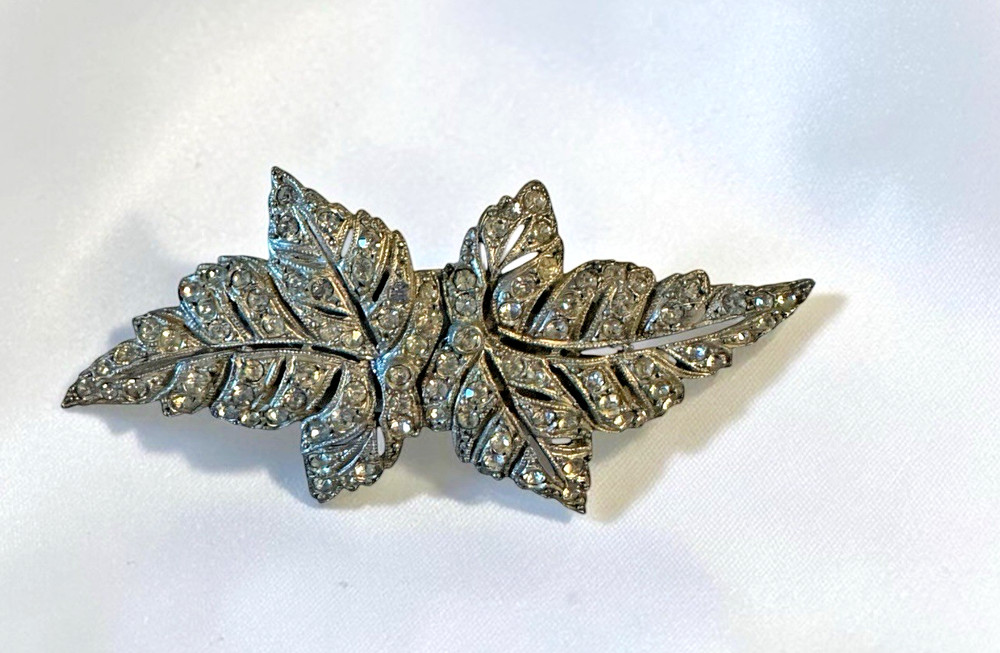 Vintage Coro Duette Leaves Convertible Brooch Pin Silver Clear Rhinestone Pin