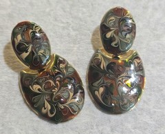 Vintage Abstract Swirl Earrings Enamel Gold Tone Pierced Green Browns