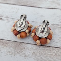 Vintage Clip On Earrings Brown & Tan Wooden Cluster Fall Autumn Tone