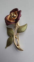 Vintage Enamel Rose Brooch Purple Blush Gold Tone Stem Leaf Flower Pin