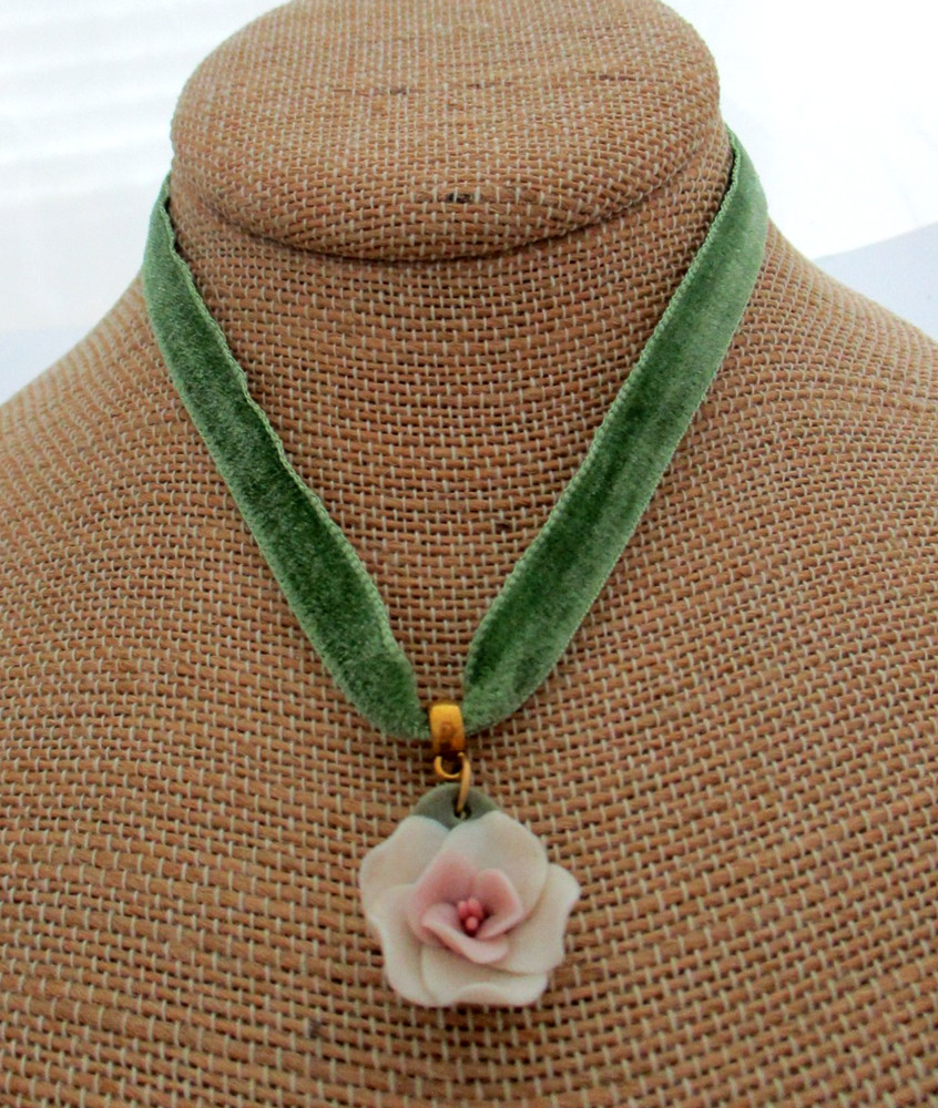 Porcelain Rose Green Velvet Choker Necklace Handmade w/vintage pendant
