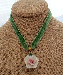 Porcelain Rose Green Velvet Choker Necklace Handmade w/vintage pendant