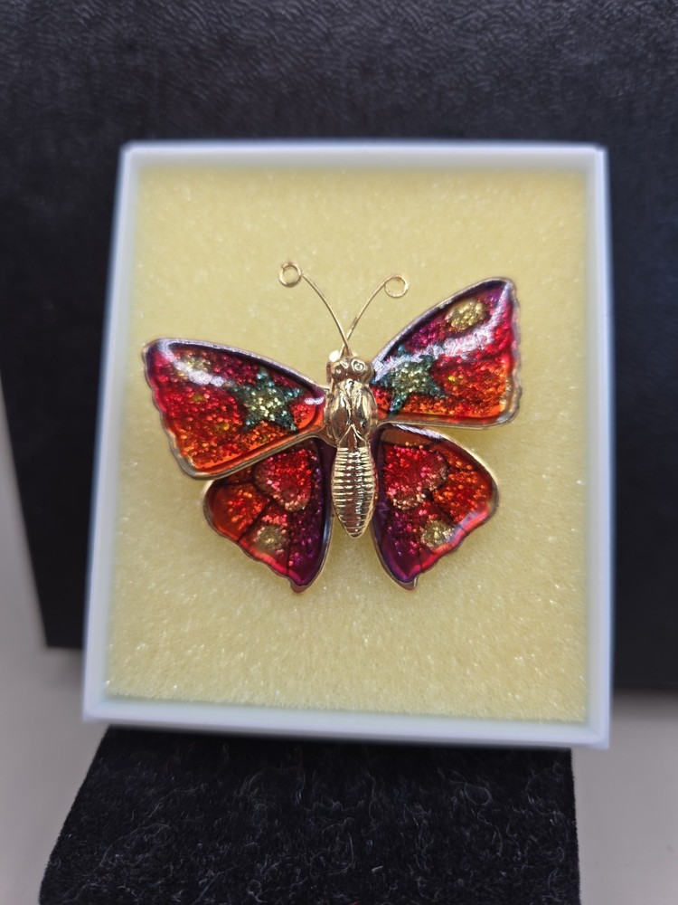 VTG Glittery Butterfly Enamel Brooch Pin 60’s 70’s Orange Yellow Goldtone in Box