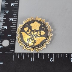 Antique Gold -Tone & Black Damascene Spain Brooch & Bracelet Floral Motif Ornate