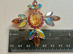 VINTAGE Aurora Borealis Rhinestone 2.5″ Brooch Carnival Colors Gold Tone Prongs