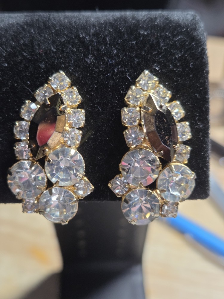 Vintage Gold Tone Clip On Earrings AB Brown & Clear Glass Crystals Sparkling