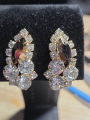 Vintage Gold Tone Clip On Earrings AB Brown & Clear Glass Crystals Sparkling