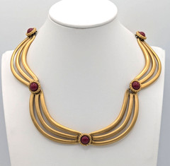 Vintage Monet Egyptian Revival Collar Necklace Red Stones Gold Tone Statement