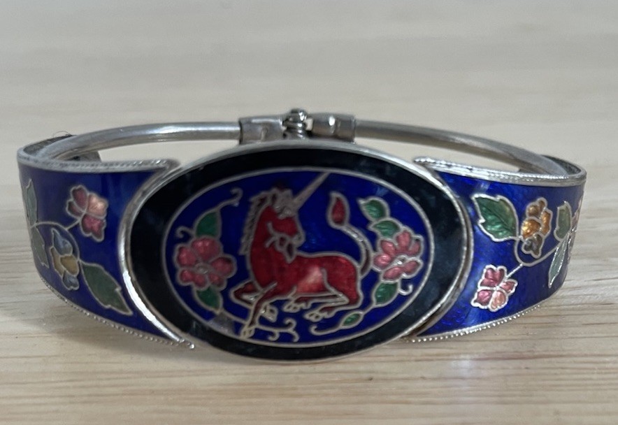 Vintage Unicorn Cloisonne Blue Enamel Cuff Bracelet Silver Tone Clamper Hinged