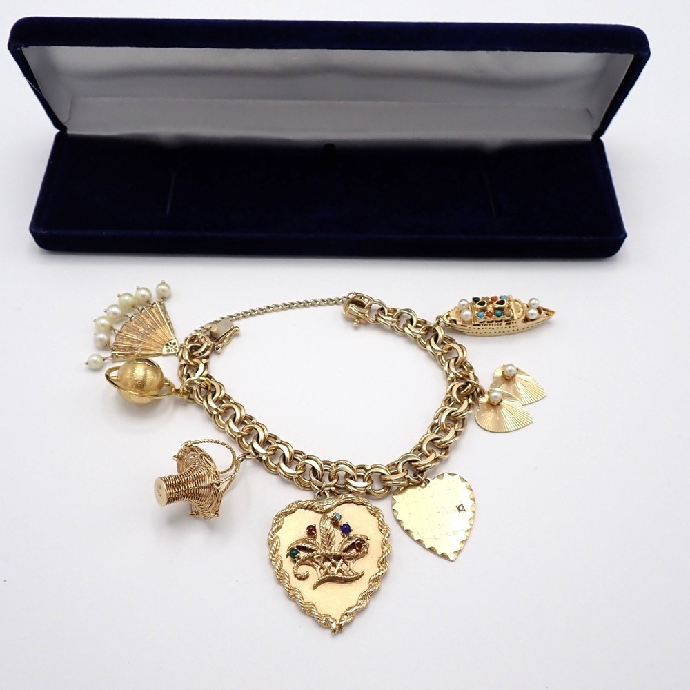 Estate Solid 14K Gold Heavy 74.85g Charm Bracelet Vtg Travel Globe w/Gemstones