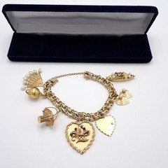 Estate Solid 14K Gold Heavy 74.85g Charm Bracelet Vtg Travel Globe w/Gemstones