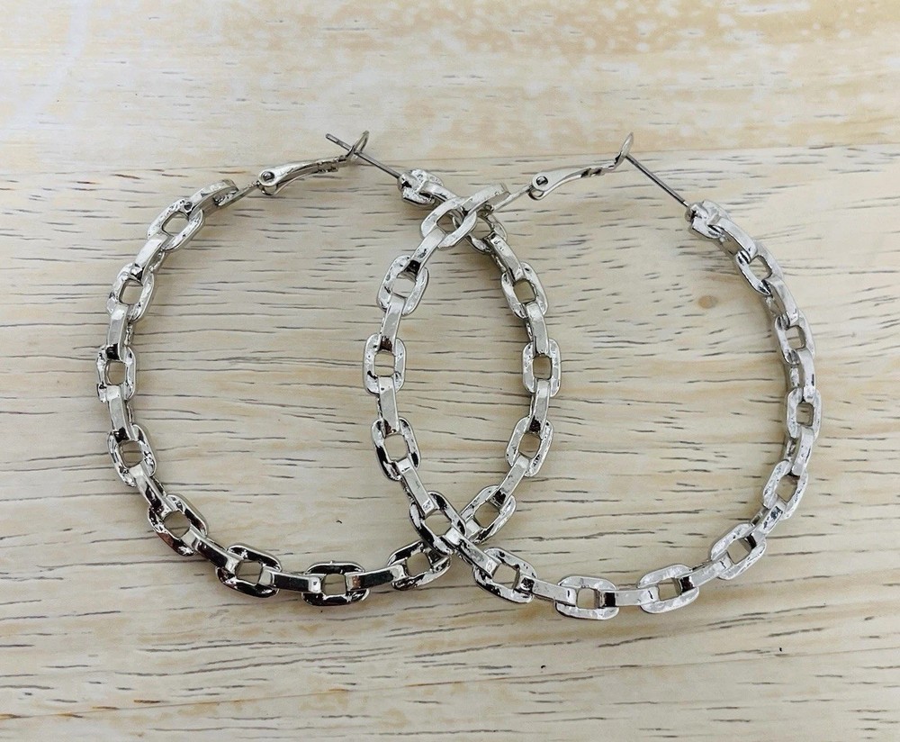 Large Silver Tone Anchor Mariner Link Hoop Earrings 2.25” VTG Minimalist Mod