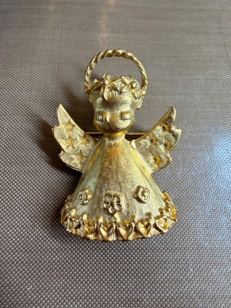 Vintage Solid Brass Angel Brooch Pin Christmas Gold Tone Halo Star Wings Heavy 4
