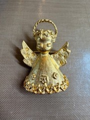Vintage Solid Brass Angel Brooch Pin Christmas Gold Tone Halo Star Wings Heavy 4