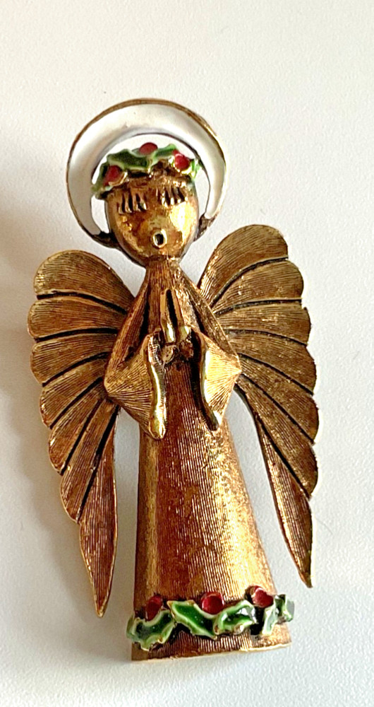 ART Arthur Pepper Mid Century Modern Angel Brooch Rhinestones and Holly Halo
