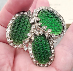 Vintage Antique Art Deco Green Waffle Glass Pot Metal Rhinestone Brooch HTF