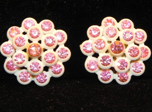 Vintage 60s Pink Rhinestone White Plastic Flower Screw Back Earrings