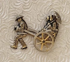 Vintage damascene man pulling couple in rickshaw brooch Made in Spain