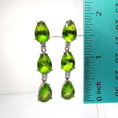 Vintage Green Quartz Pear Teardrop 3 Stone Line Dangle Earrings Silver 925 1.75″