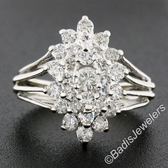 Vintage 14K White Gold 1.35ct Prong Diamond Marquise Navette Tiered Cluster Ring