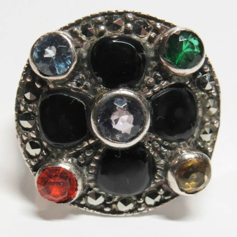 Sterling 925 Silver Ladies Ring Orange Yellow Green Blue Black Stone Size 7.75