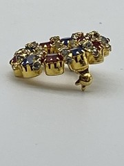 Wreath Circle Ruby Red, Blue & Rhinestone Gold Tone Brooch