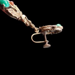 Antique Asian Dragon Jade Carnelian Cabochon Dangle Screw Back Tassel Earrings