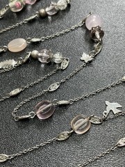 Vintage 48” Pink Floral Glass MOP Beads Butterfly Bird Charm Chain Necklace