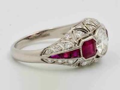 Art Deco Style Round Lab Created Diamond &Ruby 14K White Gold FN Engagement Ring