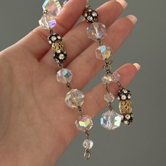 Vintage Clear AB Crystal Gold Tone Flower Openwork Beaded Tassel Bracelet 6.75″