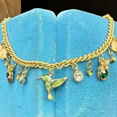 Vintage Tiny Hummingbird Enjoying Flowers, & Rhinestone Raindrop Charms Necklace