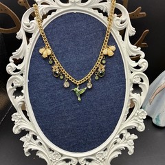 Vintage Tiny Hummingbird Enjoying Flowers, & Rhinestone Raindrop Charms Necklace