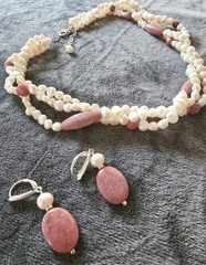 Ross Simmons 3 Strand Freshwater Pearl Rhodonite Necklace Earrings Set VTG 925
