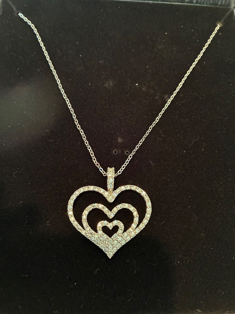 Nolan Miller Triple Heart Rhinestone Pendant on Silver Tone Necklace 16 – 17”