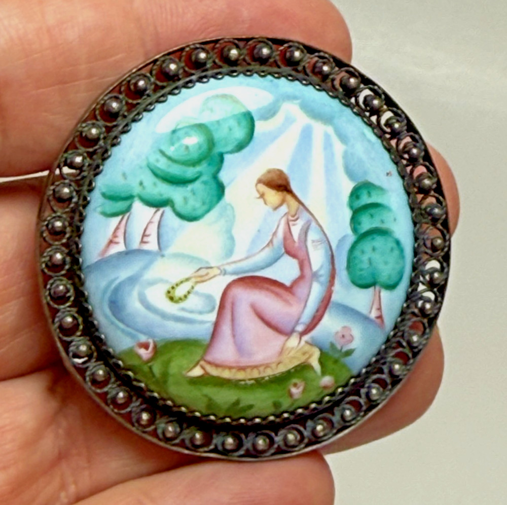 Vintage Russian Rostov Finift Hand Painted Maiden by The River 2″ Enamel Brooch
