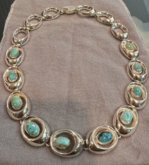 Vintage 1950s Mexican Sterling Silver Turquoise Link Necklace Modernist
