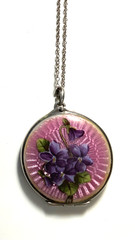 LOVELY Antique STERLING ENAMEL GUILLOCHE PINK LOCKET w VIOLETS Necklace M*I*N*T