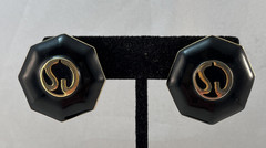 Vintage ST JOHN Logo Gold Tone Black Octagon Clip On Earrings 1″