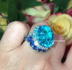 Incredible 20.13 Aquamarine From Surrounded With CZ, Aquamarine & Sapphire Ring