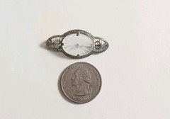 Antique Vtg Camphor Glass Brooch Bar Pin Oval Filigree Silver Tone