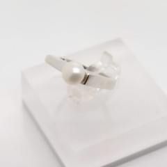 Signed Wesley Emmons Bar Top Modernist Sterling Silver & Button Pearl Ring