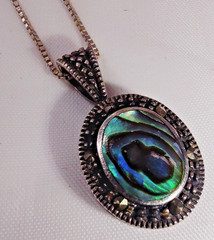 Vintage Abalone Marcasite Pendant Necklace & Clip Earrings Set FAS 925 Silver