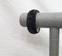 Vintage Circa 1990s Black Sequined Silver Tone Oval Domed Cuff Bracelet