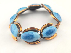 Vintage Mid Century Modern Robins Egg Blue Enamel Copper Panel 7″ Bracelet